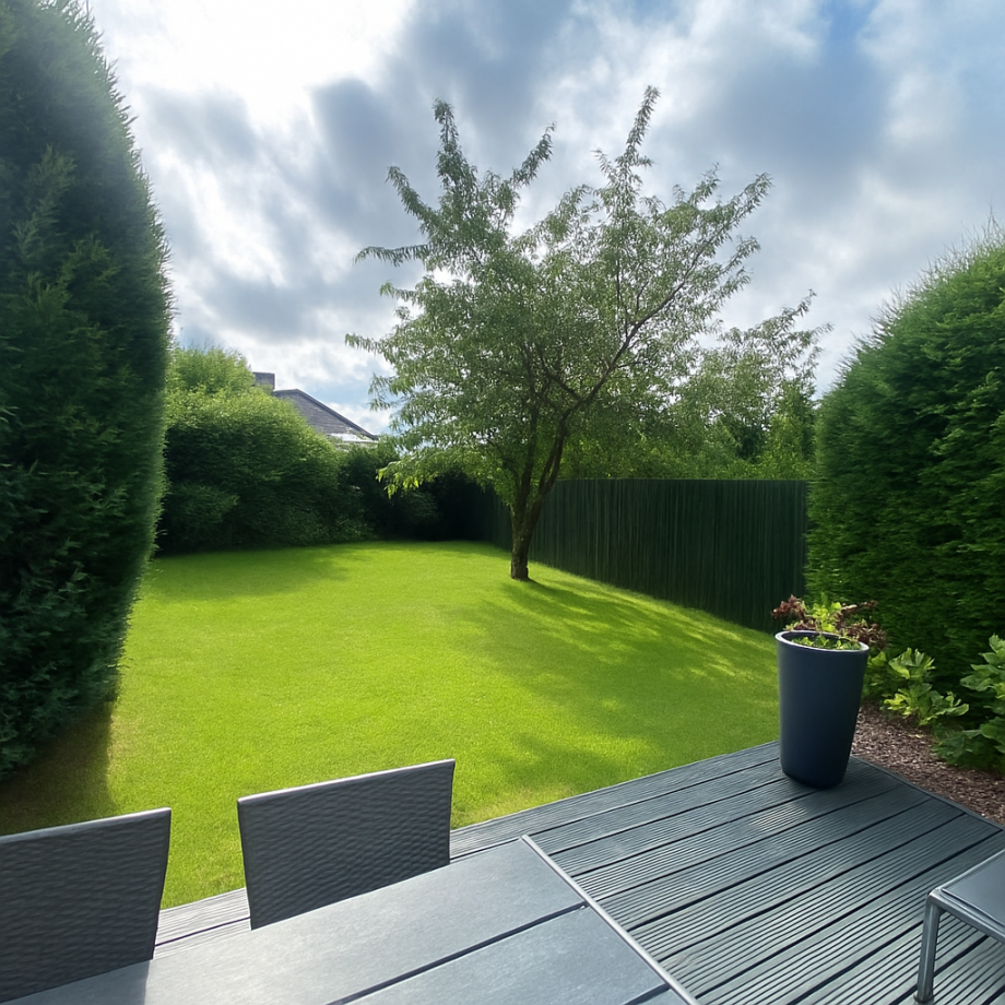 S�dterrasse mit Blick in den Garten Einfamilienhaus Verkauf Lykke Hus direkt vor Sylt